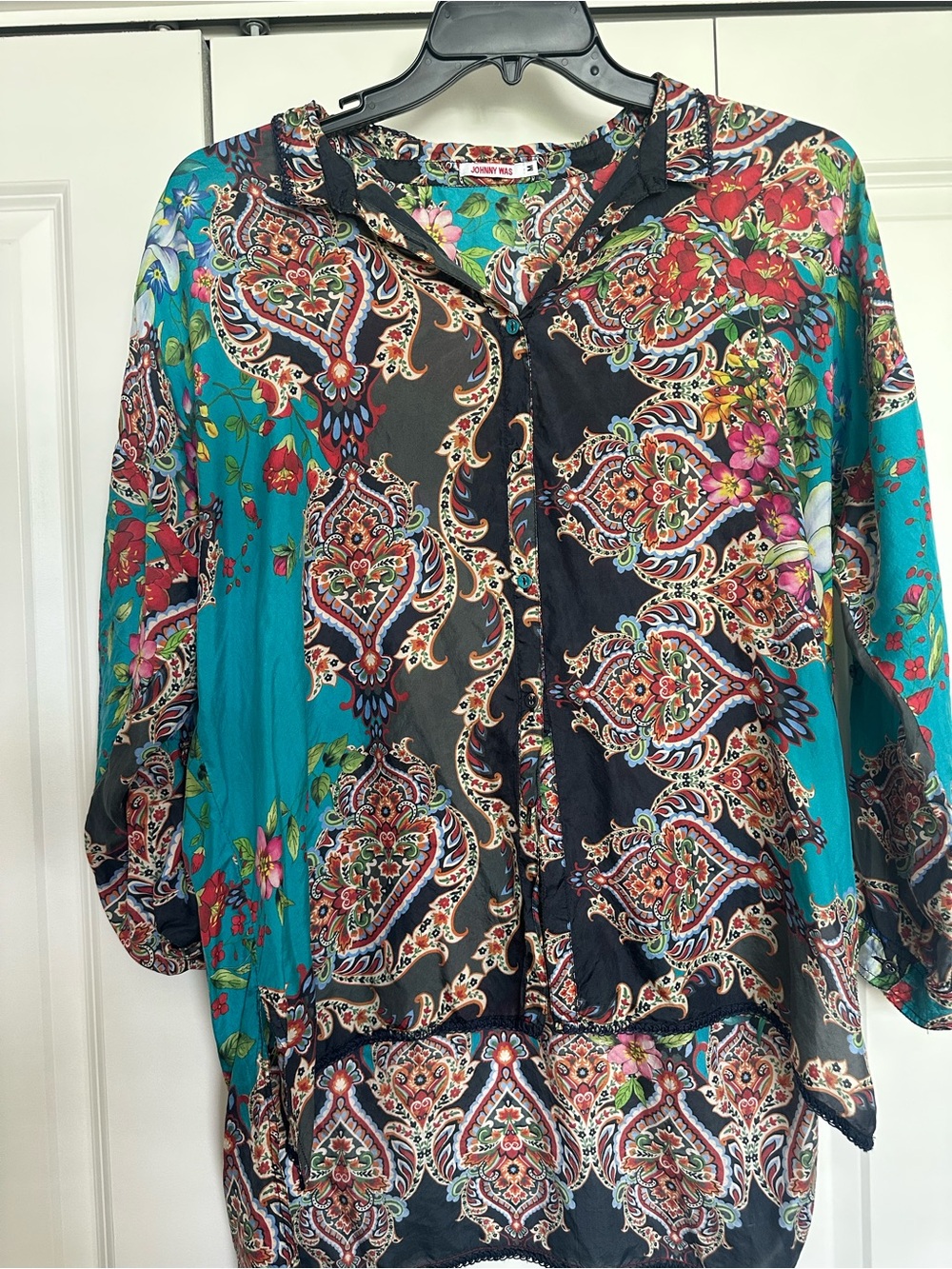 Johnny Was Teal, Black & Red Paisley Floral Button-Front Blouse